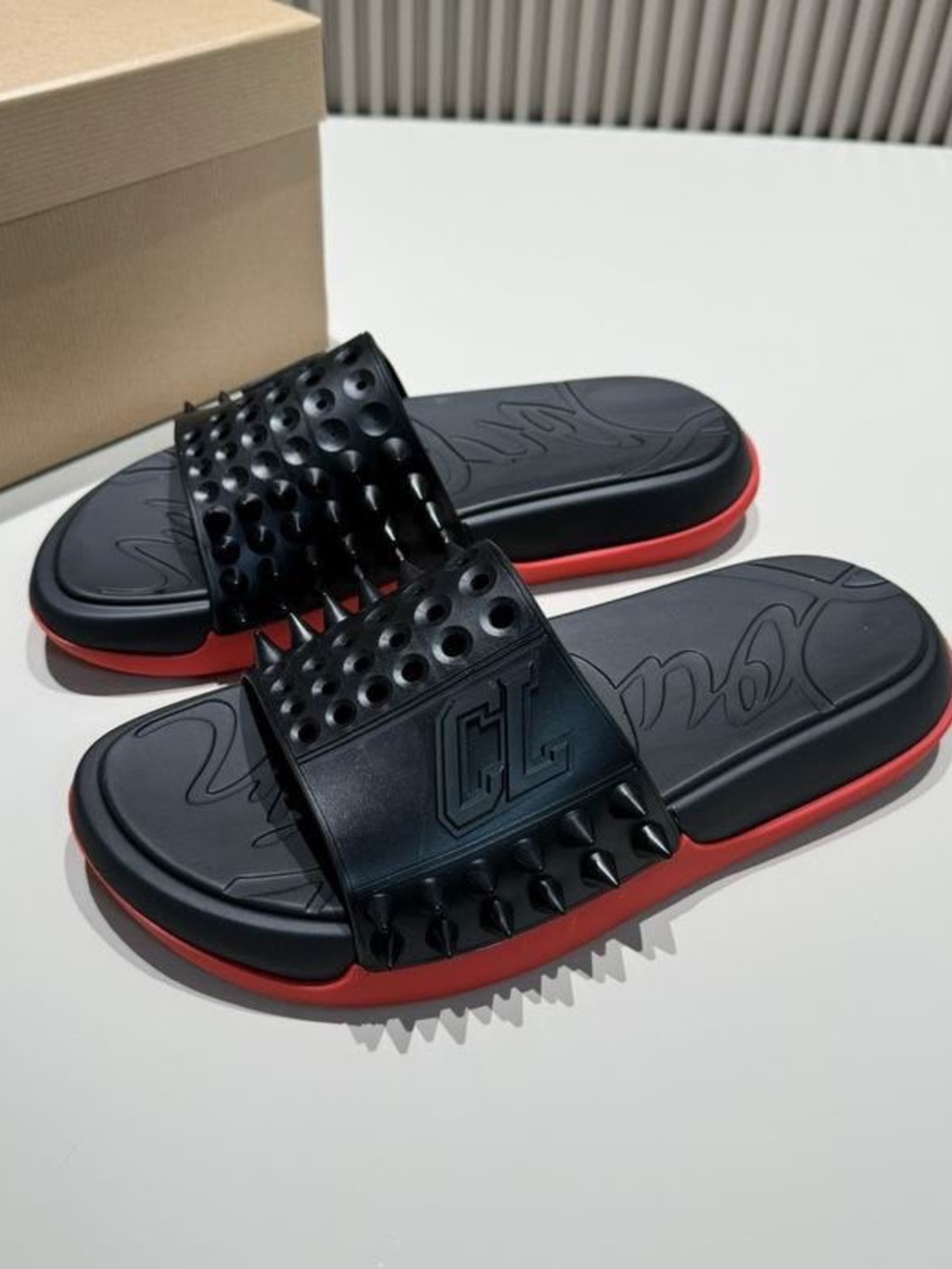 Christian Louboutin Black Slide Sandals with Red Accented Sole and Spiked Strap